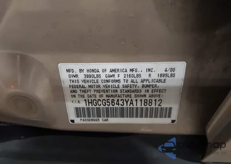 2000 Honda Accord 2.3 Lx from USA, damaged, VIN 1HGCG5643YA118812